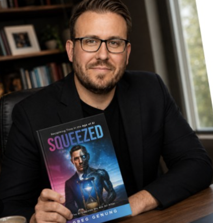 Snowfire founder Greg Genung holding his book Squeezed